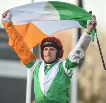  ??  ?? Jamie Codd celebrates with the tricolour after guiding Fayonagh to victory in Cheltenham in 2017.