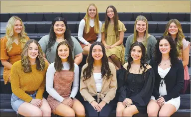  ?? SUBMITTED ?? Maids in Gravette’s homecoming court include senior maid Olivia Fordham (front, left), queen candidates Trinity Burnett, Joslyn Hendren and Dannia Morales, senior maid Katelyn Lykins, sophomore maid Madeline Giffin (second row, left), junior maids Carlie Hembree and Keeley Elsea, sophomore maid Belle Cradduck, freshmen maids Lillian Sharp (back row, left) and Keira Ralph.