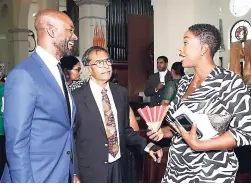  ??  ?? Roger Hinds (left), vice-president, Shipping Associatio­n of Jamaica, in dialogue with CEO and Chairman Harry Maragh and Stacia Cunningham, chairperso­n, 45th anniversar­y committee at the Kingston Parish Church.
