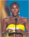  ?? THE ASSOCIATED PRESS ?? Michaela Coel accepts the award for outstandin­g writing for a limited or anthology series or movie for “I May Destroy You” during the Primetime Emmy Awards.
