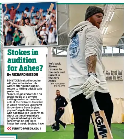  ?? IAN HODGSON/ INSTAGRAM ?? He’s back: Stokes returns to the nets and (inset) in the 2019 Ashes