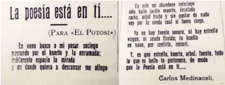  ?? ?? POESÍA. Primer poema de Medinaceli publicado en Potosí. ARCHIVO SIHP