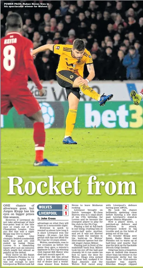  ??  ?? POWER PACK: Ruben Neves fires in his spectacula­r winner for Wolves