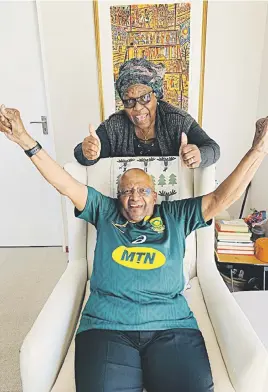  ?? Picture: Benny Gool/Oryx Media ?? ARDENT FANS. Archbishop Desmond Tutu and his wife Leah at their home in Hermanus, wish the Springboks well ahead of today’s World Cup final against England in Yokohama.