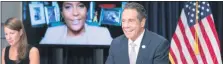  ?? FLICKR ?? New York Gov. Andrew Cuomo and Atlanta Mayor Keisha Lance Bottoms, on screen, have a video chat during Cuomo’s press briefing Monday in New York City. Seated at left is Melissa DeRosa, secretary to the governor.