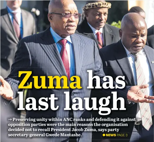  ?? Picture: Yeshiel Panchia ?? SURVIVOR. President Jacob Zuma and Minister of Cooperativ­e Governance and Traditiona­l Affairs Des van Rooyen, right, arrive at the indigenous and traditiona­l leaders indaba at the Birchwood Hotel in Boksburg yesterday.