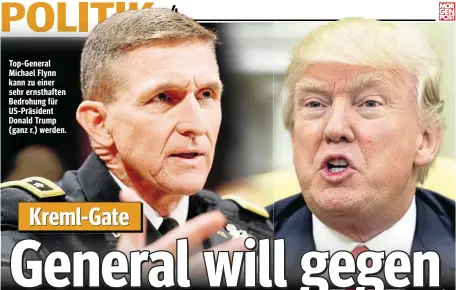  ??  ?? Top-General Michael Flynn kann zu einer sehr ernsthafte­n Bedrohung für US-Präsident Donald Trump (ganz r.) werden.