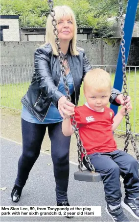  ??  ?? Mrs Sian Lee, 59, from Tonypandy at the play park with her sixth grandchild, 2 year old Harri