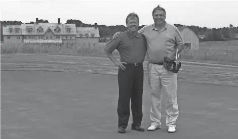  ?? COURTESY OF BOB LANG ?? Former Erin Hills owner Bob Lang (left) poses with Steve Stricker's father-in-law, PGA profession­al Dennis Tiziani, after Tiziani, Stricker and others were invited to play the fledgling golf course in July 2006. Stricker said some of the holes reminded...