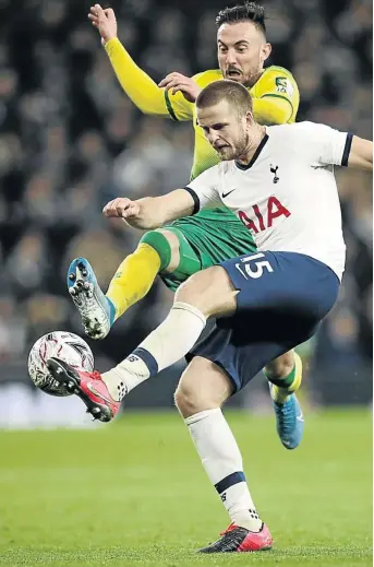  ?? /PETER CZIBORRA / REUTERS ?? Tottenham Hotspur’s Eric Dier in action with Norwich City’s Josip Drmic. The Spurs man was banned for four matches on Wednesday.