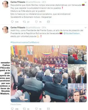  ??  ?? El senador Carlos Filizzola bloqueó a la gran mayoría de tuiteros que lo cuestionó por sus posteos a favor de Nicolás Maduro.