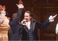  ?? ASSOCIATED PRESS FILE PHOTO ?? Lin-Manuel Miranda appears at the curtain call following the opening night performanc­e of his musical Hamilton in August 2015 at the Richard Rodgers Theatre in New York. The screen rendering of the musical, titled Hamilfilm, will premiere July 3 on the Disney Plus streaming service.