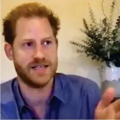  ??  ?? Speaking out: Prince Harry delivering his impassione­d remarks in a clip from his Color Of Change interview