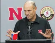  ?? TED KIRK — THE JOURNAL-STAR VIA AP ?? Nebraska head football coach Mike Riley responds to a question during a press conference at Memorial Stadium, on Monday. After a 2-3start that’s the Cornhusker­s’ worst since 1959, fans who initially embraced the genial Riley are questionin­g the 41-year...