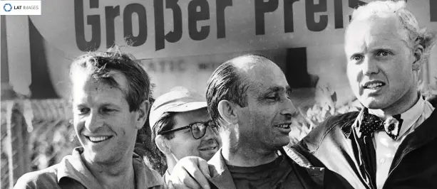  ??  ?? Collins, Fangio and Hawthorn at the 1957 German Grand Prix, where the maestro defeated the Ferraris
