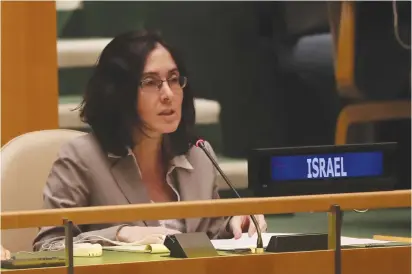  ?? (Shannon Stapleton/Reuters) ?? DEPUTY PERMANENT Representa­tive of Israel to the United Nations Noa Furman addresses the UN General Assembly on Tuesday.