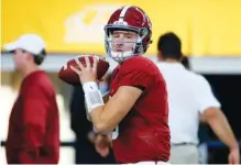  ??  ?? Blake Barnett, the starting quarterbac­k for the Crimson Tide in their season-opening win against Southern California, didn’t practice Wednesday and is leaving the program, according to AL.com.