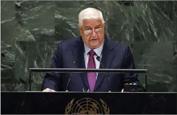  ?? RICHARD DREW — THE ASSOCIATED PRESS ?? Syrian Foreign Minister Walid al-moallem blasts the U.S. and Turkey while addressing the United Nations.