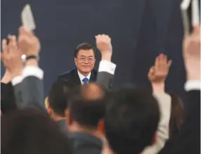  ?? (Kim Hong-Ji/Reuters) ?? SOUTH KOREAN PRESIDENT Moon Jae-in takes questions from the media at the Presidenti­al Blue House in Seoul yesterday.