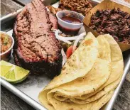  ??  ?? Eddie O’s Texas Barbecue’s brisket, barbacoa and flour tortillas