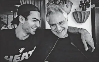  ?? PHOTOS PROVIDED TO CHINA DAILY ?? Top: Italian singer Matteo Bocelli (left) and his father, tenor Andrea Bocelli (middle), sing Fall On Me at Madison Square Garden in New York on Dec 15, 2018. Above: Father and son share a happy moment.