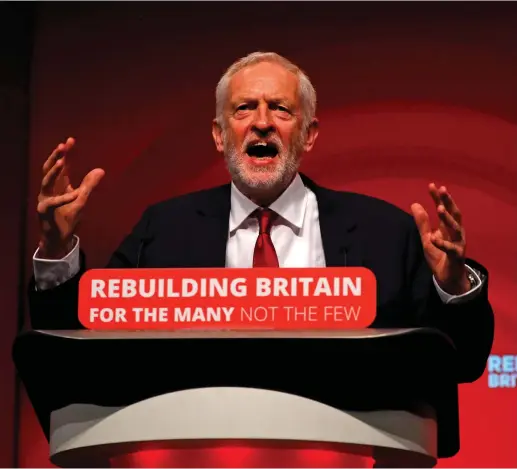  ?? (Phil Noble/Reuters) ?? BRITAIN’S LABOUR Party leader Jeremy Corbyn speaks at the Labour Party Conference in Liverpool, Britain, last week.