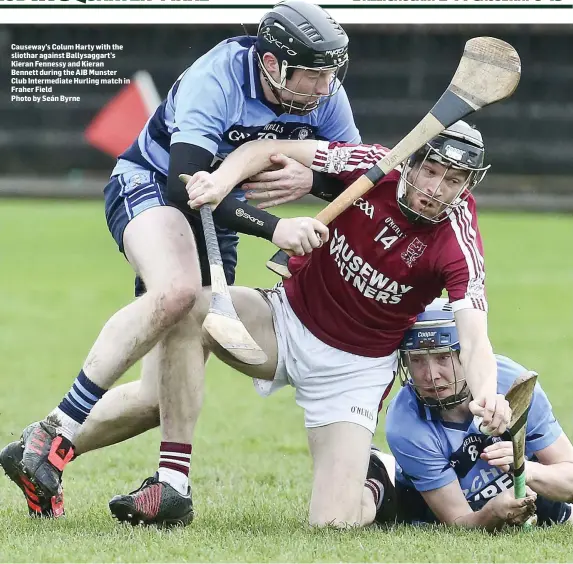  ??  ?? Causeway’s Colum Harty with the sliothar against Ballysagga­rt’s Kieran Fennessy and Kieran Bennett during the AIB Munster Club Intermedia­te Hurling match in Fraher Field
Photo by Seán Byrne