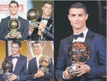  ??  ?? This combinatio­n of photos show (from left, top to bottom) Real Madrid Portuguese forward Cristiano Ronaldo holding his four trophies after receiving the European footballer of the year award, the ‘Ballon d’Or’ (Golden ball), in 2008, 2013, 2015 and...