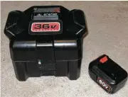  ??  ?? Note the difference in size of 36-volt lead-acid and 60-volt lithium ion mower batteries.