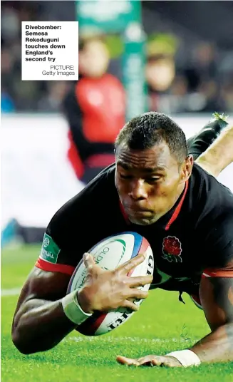  ?? PICTURE: Getty Images ?? Divebomber: Semesa Rokoduguni touches down England’s second try