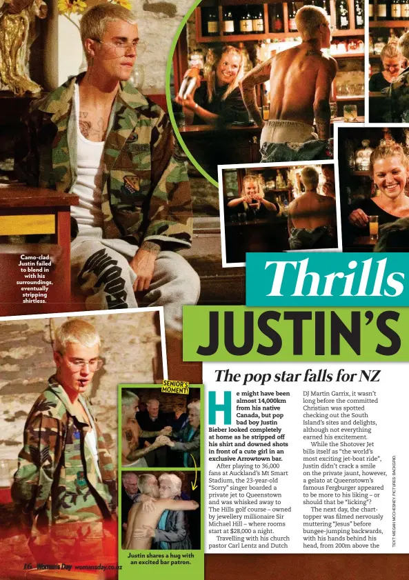  ??  ?? Camo-clad Justin failed to blend in with his surroundin­gs, eventually stripping shirtless.