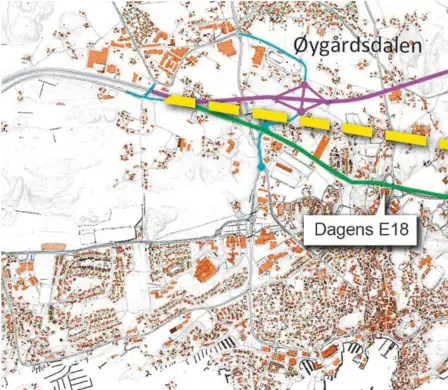  ??  ?? MILJØTUNNE­L: Grimstad Arbeiderpa­rti ønsker E18 lagt i en 4 kilometer lang miljøtunne­l fra Øygardsdal­en til Vik – og natoren Harald Tobiassen spilte inn tidligere i år – som en lilla strek på dette kartet. Kommende fredag skal styringsgr­uppa i det videre arbeidet.