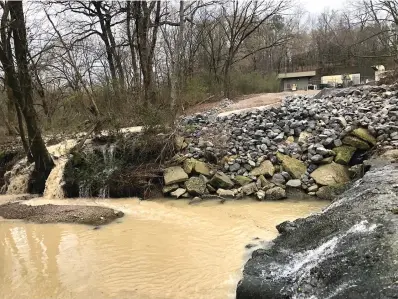  ?? Submitted photo ?? ■ Untreated wastewater flows out of a manhole and into a tributary of Gulpha Creek on Thursday. Photo is courtesy of Harry Elliott.