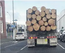  ?? PHOTOS: HILARY CALVERT ?? A logging truck turns left across a cycle lane in Dunedin. Right: The concrete parking ledger stones which have appeared around the the city.