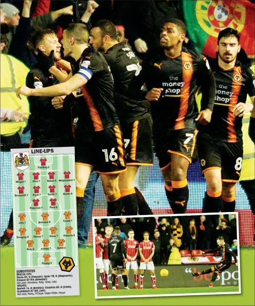  ??  ?? WOLF PACK: Wolves players celebrate with Barry Douglas after his excellent free-kick, inset, brought them level