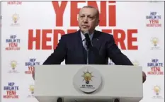  ??  ?? Turkey’s President and leader of ruling Justice and Developmen­t Party Recep Tayyip Erdogan addresses the party members in Istanbul on Saturday. Erdogan has announced that a Turkish military helicopter has been “downed” Saturday in northern Syria during...