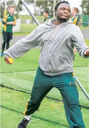  ??  ?? Natsai M’Shangwe lets another ball rip down the pitch during the session.