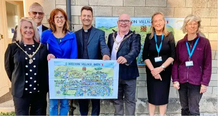  ?? ?? The Mayor of Bath, Rob Appleyard, at the official unveiling of the new historical map of Weston Village, with the Mayoress, Amanda Appleyard, Future Weston chair Sir Peter Heywood, artist Finola Stack, the Rev Tom Yacomeni and local councillor­s Shelley Bromley and Councillor Ruth Malloy