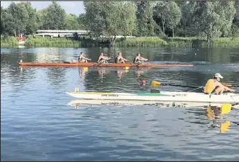  ??  ?? Loughborou­gh Boat Club’s Jerry Heygate, Nick Maker, Charlie Henry and Captain Keith Hudson hold off a late challenge from Norwich as they approach the finishing line.