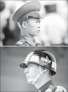  ??  ?? This combinatio­n of photos shows a North Korean soldier during a military parade in Pyongyang (top) and a South Korean honour guard in Seoul.