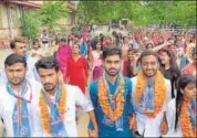  ?? HT PHOTO ?? NSUI supporters canvass on the Maharani College campus in Jaipur on Monday.