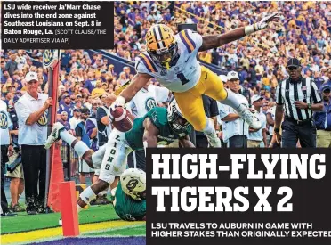  ?? [SCOTT CLAUSE/THE DAILY ADVERTISER VIA AP] ?? LSU wide receiver Ja’Marr Chase dives into the end zone against Southeast Louisiana on Sept. 8 in Baton Rouge, La.