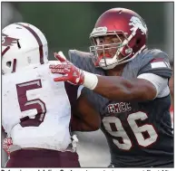  ?? (Photo courtesy of East Mississipp­i Community College) ?? Defensive end Julius Coates, shown last season at East Mississipp­i Community College, has impressed his new Arkansas teammates and coaches from the start. “I mean, we can’t hardly block the guy,” Coach Sam Pittman said.