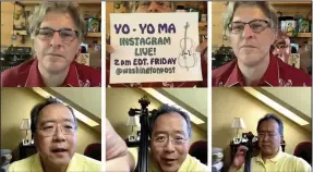  ??  ?? Geoff Edgers (at top) and Yo-Yo Ma on Edgers’ Instagram Live show “Stuck with Geoff.” (The Washington Post)