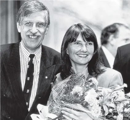  ?? PHOTO: ODT FILES ?? Michael Cooper with his wife, Joy (the Southern Regional Health Authority manager of mental health and psychiatri­c disability services), at the function when Prof Cooper retired as Otago Area Health Board Commission­er in September 1993.