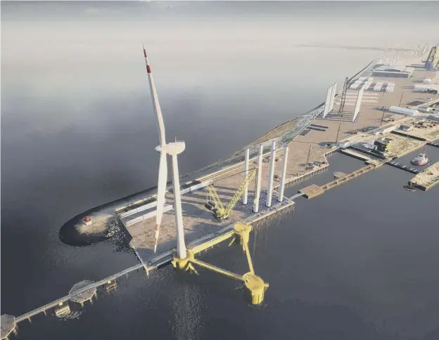  ??  ?? 0 A CGI image of the £40m scheme showing the proposed outer berth at the Port of Leith with floating foundation and an offshore wind turbine