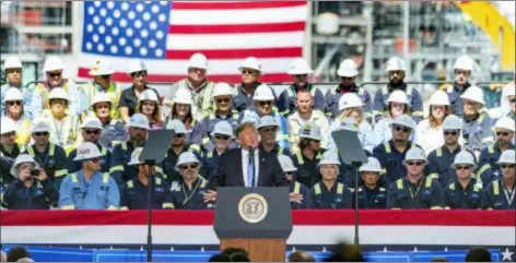  ?? SCOTT CLAUSE — THE DAILY ADVERTISER VIA AP ?? President Donald Trump speaking at Cameron LNG Export Terminal in Hackberry, La. Tuesday.