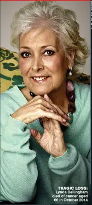  ??  ?? TRAGIC LOSS: Lynda Bellingham died of cancer aged 66 in October 2014