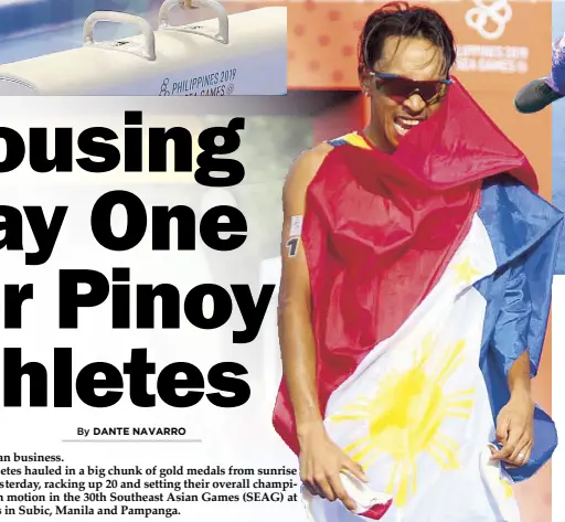  ??  ?? Triathlete John Leerams Chicano celebrates his victory, making him the first gold medal winner for Team Philippine­s in the 30th SEA Games. Other athletes followed during Day One, among them Carlos Yulo, Agatha Wong, Mark Jayson Gayon and Mary Joy Renigen. RUSSEL PALMA