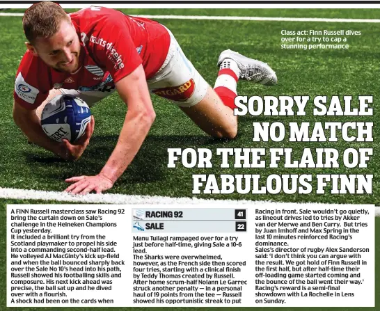  ?? ?? Class act: Finn Russell dives over for a try to cap a stunning performanc­e